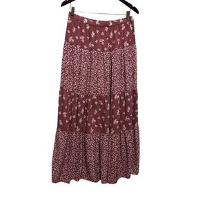 Prairie Floral Tiered Maxi Skirt M Mauve Earthy Cottage Boho Western Festival